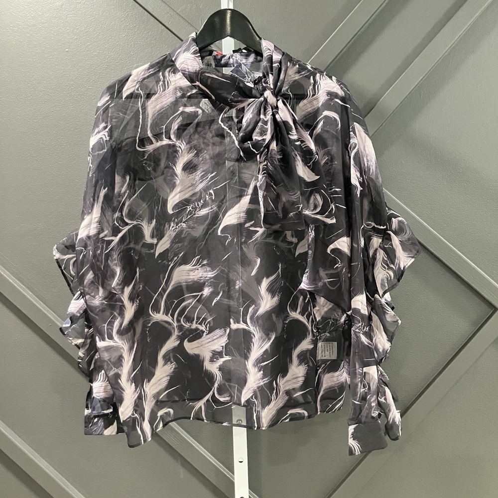N by Nancy Women's Medium Black Abstract Feather Print Tie Neck Blouse Top NWT